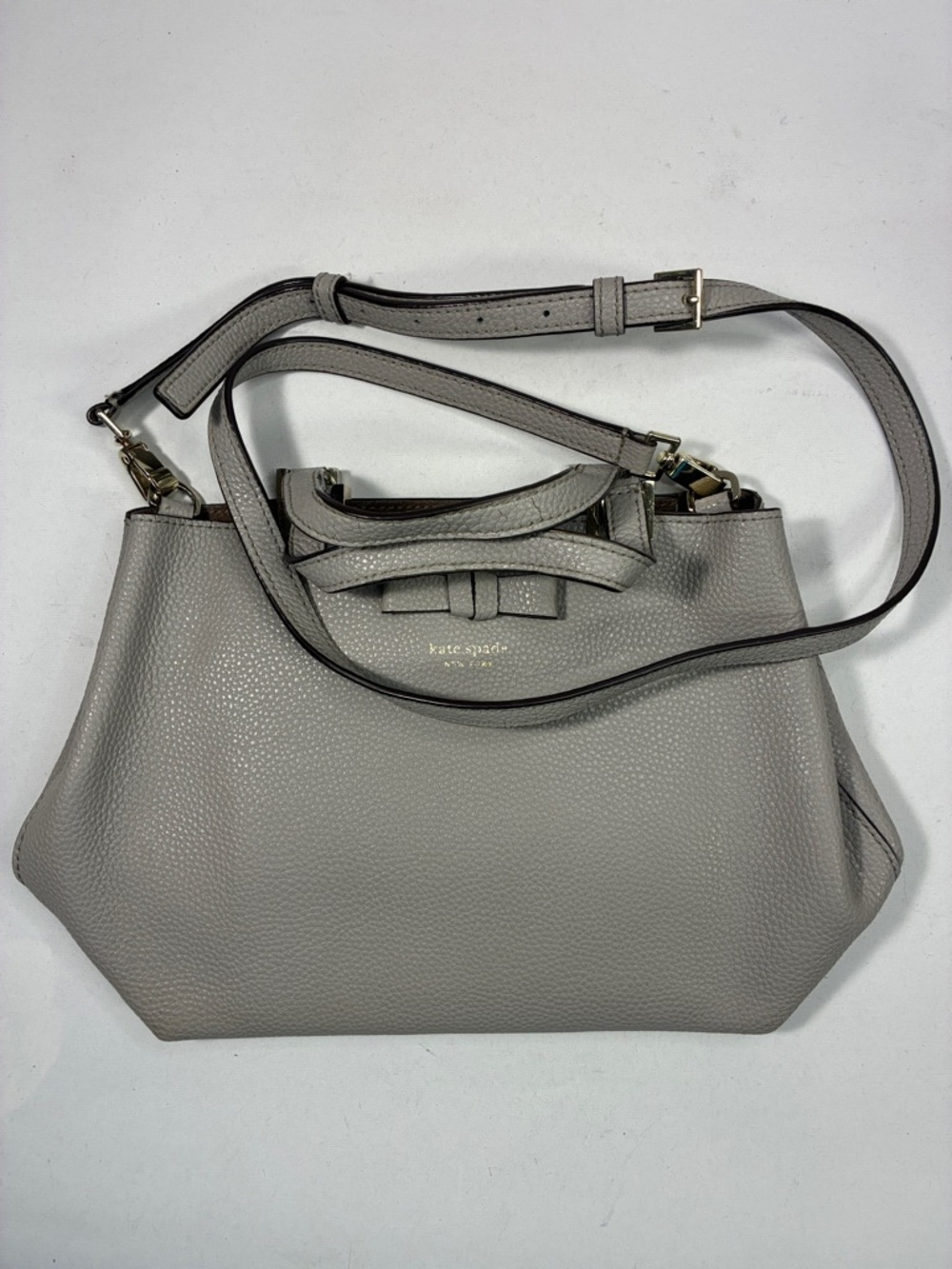 Kate Spade Gray Pebbled Vegan Leather Satchel with Bow Accent